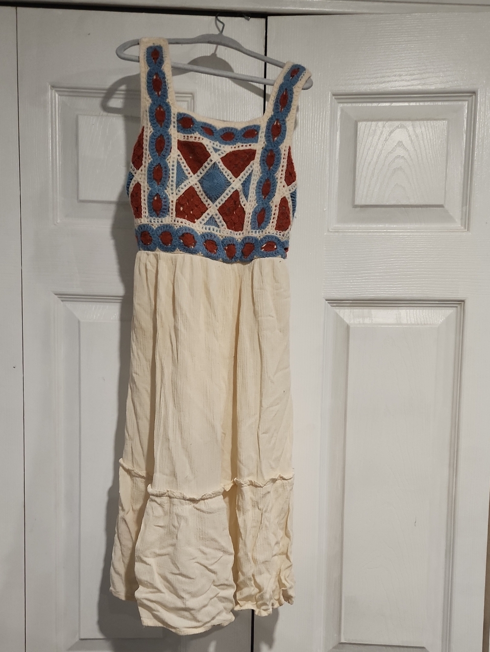 Girls Cream Maxi Dress with Blue and Rust Crochet Bodice